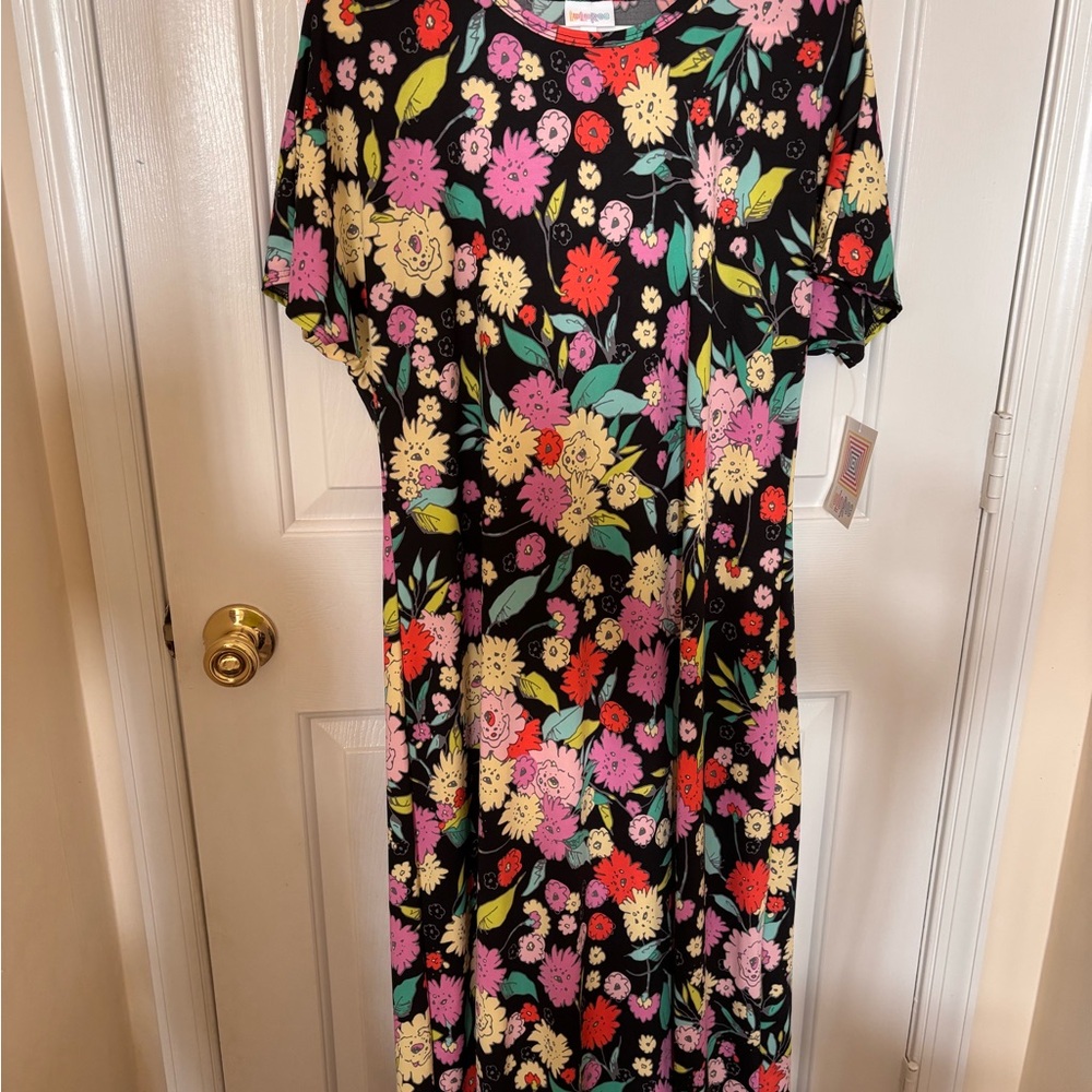 Lularoe Black Floral Maxi Dress with Pink, Red & Yellow Blooms